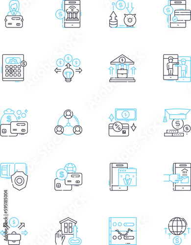 Peer-to-peer lending linear icons set. Lending, Peer, Finance, Investment, Borrower, Loan, Interest line vector and concept signs. Collateral,Credit,Marketplace outline illustrations