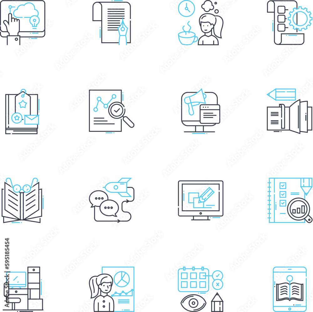 Diary linear icons set. Journal, Notebook, Memoir, Record, Reflection, Musings, Thoughts line vector and concept signs. Chronology,Daybook,Autobiography outline illustrations