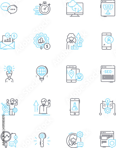 Budget forecasting linear icons set. Projections, Estimates, Forecasts, Planning, Budgeting, Analytics, Metrics line vector and concept signs. Costing,Revenue,Analysis outline illustrations