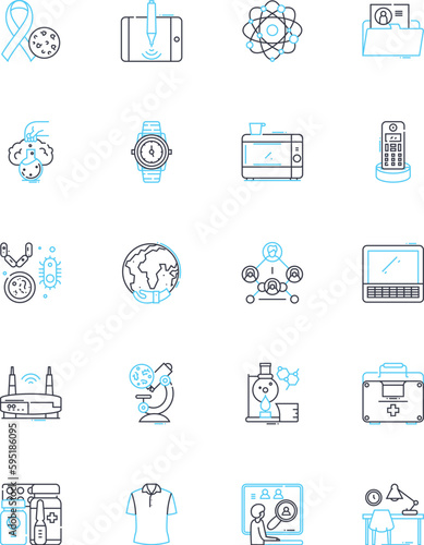 Pharmacology linear icons set. Medications, Drugs, Pharmacokinetics, Pharmacodynamics, Receptors, Toxicology, Dosage line vector and concept signs. Adverse effects,Side effects,Analgesics outline