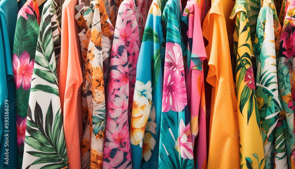 Vibrant clothing collection hanging in modern retail store generated by AI