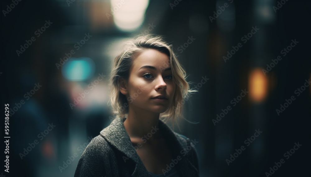 Young woman standing outdoors, looking at city lights generated by AI