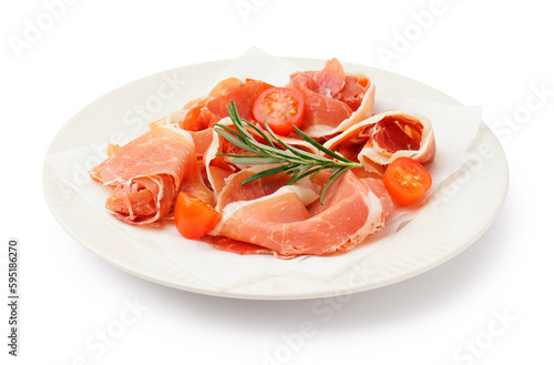 Plate with tasty jamon slices on white background