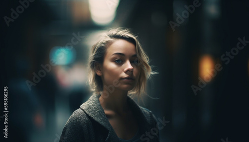 Young woman standing outdoors, looking at city lights generated by AI