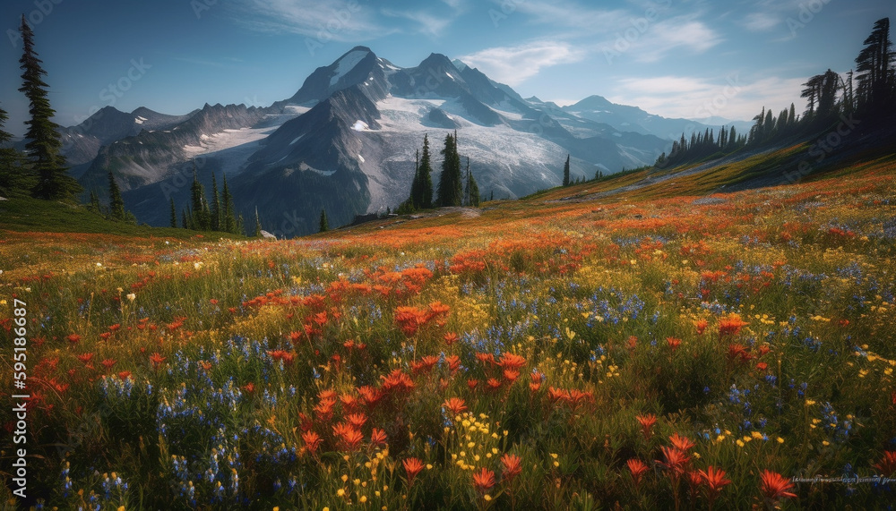 Vibrant wildflowers adorn majestic Alberta mountain range generated by AI