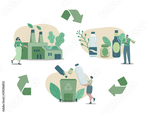 Eco friendly sustainable, Plastic and glass recycling process. Recycle and environmental care concept. Vector design illustration.