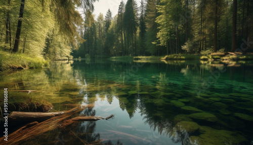 Tranquil scene of reflection in mountain pond generated by AI