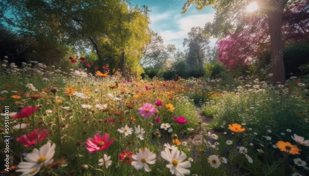 Sunset over meadow, wildflowers bloom in beauty generated by AI