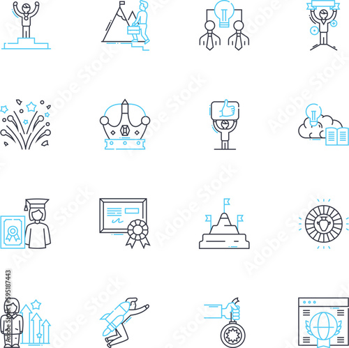 Victories and bonuses linear icons set. Triumphs, Rewards, Accomplishments, Celebrations, Honors, Achievements, Perks line vector and concept signs. Successes,Bonuses,Benefits outline illustrations