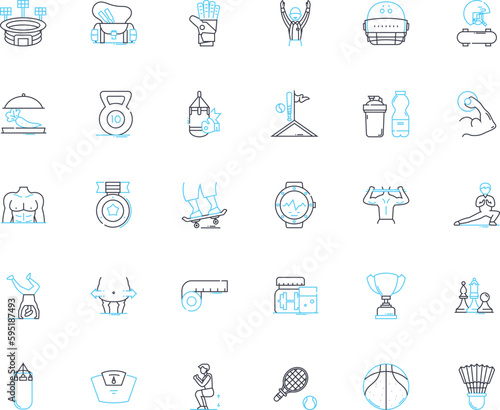 Physical activity linear icons set. Exercise, Movement, Fitness, Endurance, Strength, Agility, Mobility line vector and concept signs. Flexibility,Cardiovascular,Muscular outline illustrations