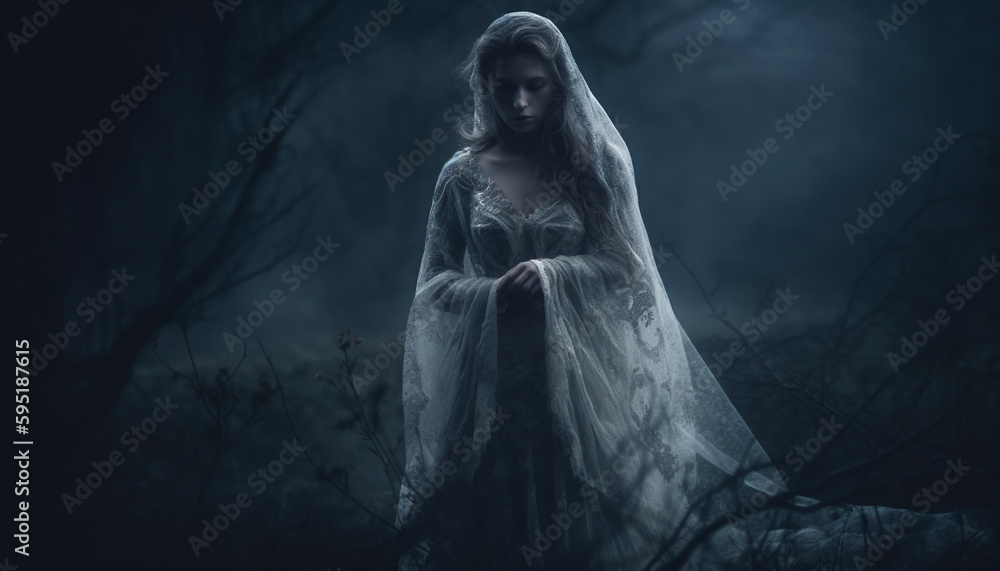 Spooky witch in black dress haunts forest generated by AI Spooky witch in black dress haunts forest generated by AI
