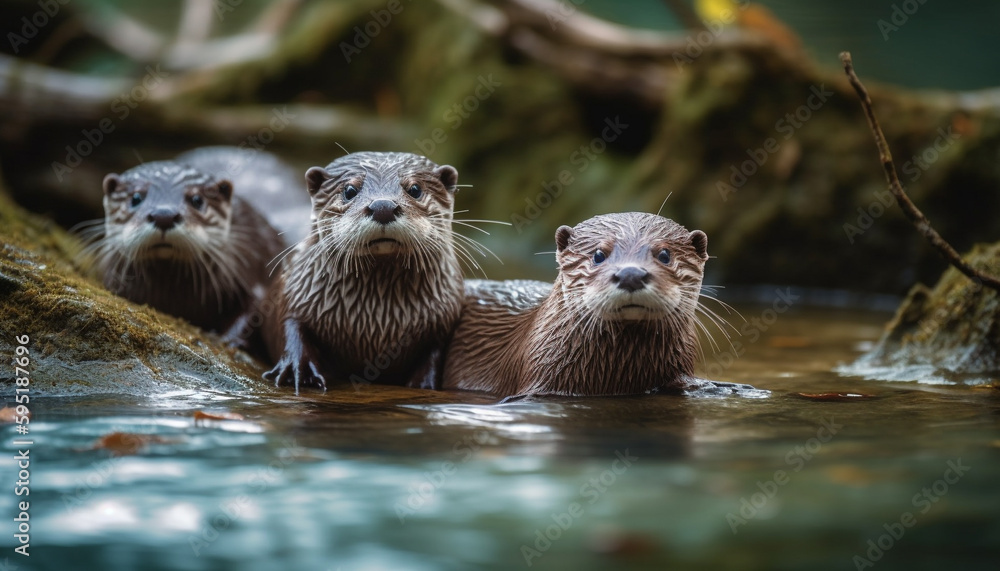 Playful seal family swimming in tranquil pond generated by AI Playful seal family swimming in tranquil pond generated by AI