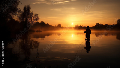 Silhouette of fisherman catching fish at dusk generated by AI