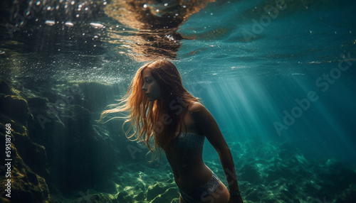 Young woman enjoys underwater adventure, beauty surrounds generated by AI © Stockgiu