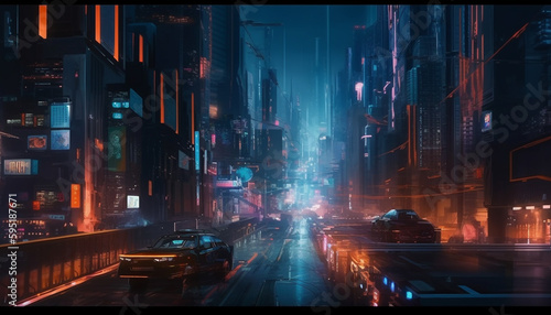 Blurred motion, glowing city life at night generated by AI