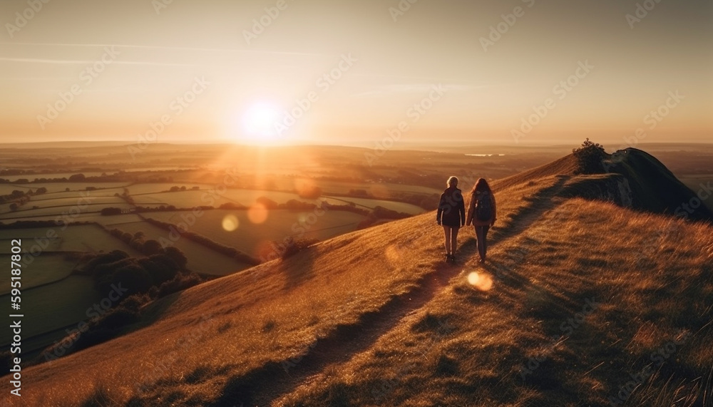 Two people hiking mountain, enjoying nature beauty generated by AI