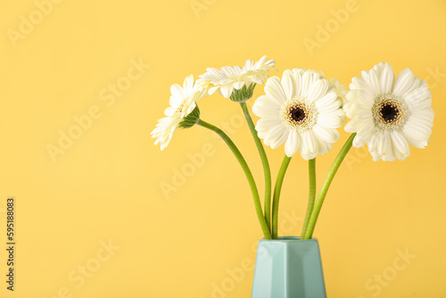 Vase with gerbera flowers on yellow background, closeup © Pixel-Shot