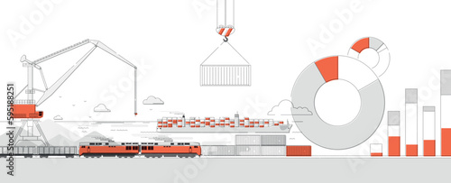 Seaport. Flat vector illustration containing freight train, container ship, portal crane, containers and diagrams