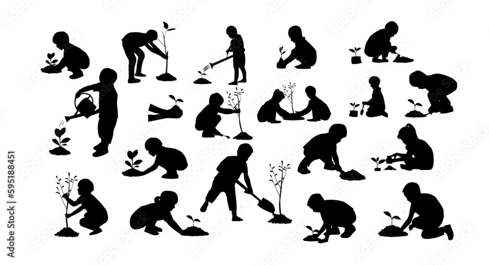 Children planting tree silhouette set