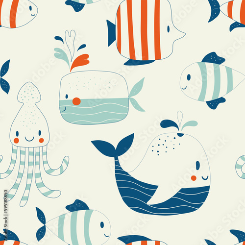 Photography Childish seamless pattern with sea and ocean animals