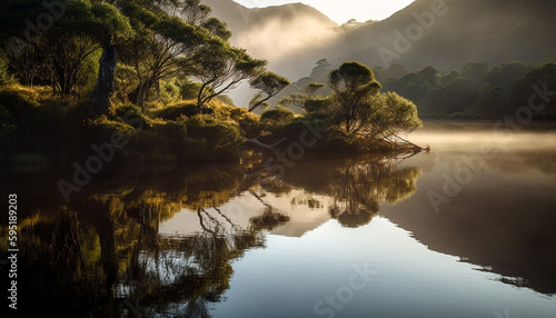 Tranquil scene of mountain peak reflected in pond generated by AI © Stockgiu