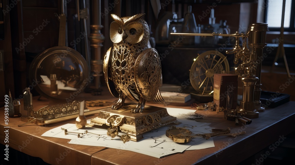 AllBrass Clockwork Owl on Workbench Gears and Details, Generative AI