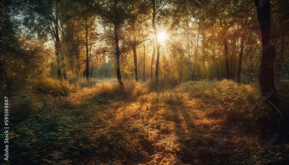 Golden leaves adorn the forest in autumn generated by AI