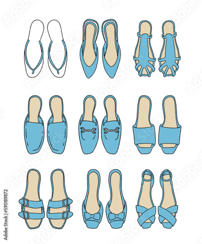 水色のサンダルのイラストセット