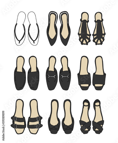 黒のサンダルのイラストセット