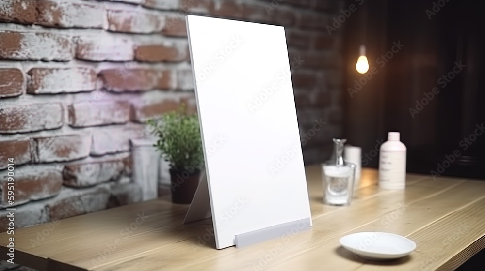 Menu mack up blank for text marketing promotion. Mock up Menu frame standing on wood table in restaurant space for text. Menu mack up blank for text marketing promotion. Mock up Menu frame standing on wood table in restaurant space for text.