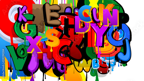 Graffiti background created with Letters. Abstract modern street art wallpaper performed in urban painting style on white.