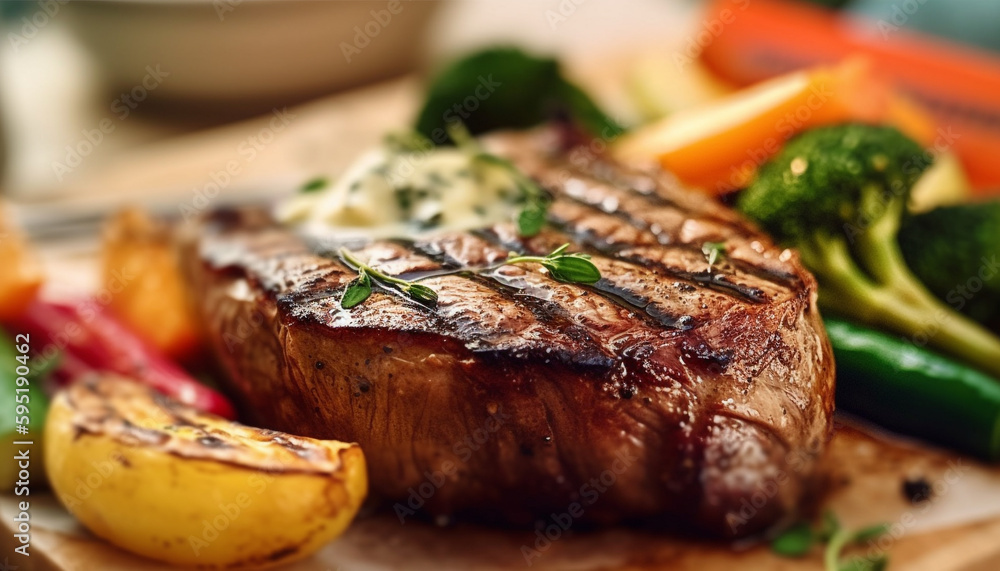 Grilled sirloin steak fillet with fresh vegetables generated by AI Grilled sirloin steak fillet with fresh vegetables generated by AI