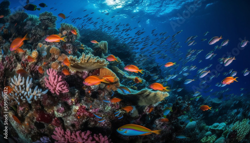 Vibrant school of fish swim in coral reef generated by AI