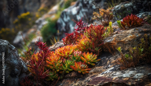 Vibrant wildflowers bloom on rocky cliff edge generated by AI