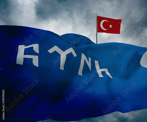 Turkish Writing with Gokturk Alphabet, Waving flag design. - 3D photo