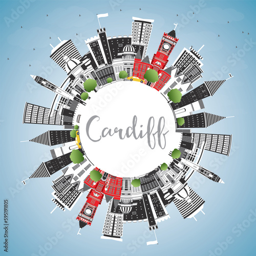 Cardiff Wales City Skyline with Color Buildings, Blue Sky and Copy Space. Vector Illustration. Cardiff UK Cityscape with Landmarks.