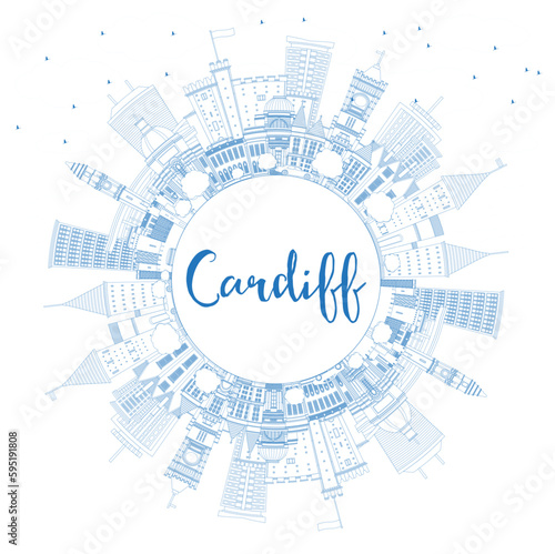 Outline Cardiff Wales City Skyline with Blue Buildings and Copy Space. Vector Illustration. Cardiff UK Cityscape with Landmarks.