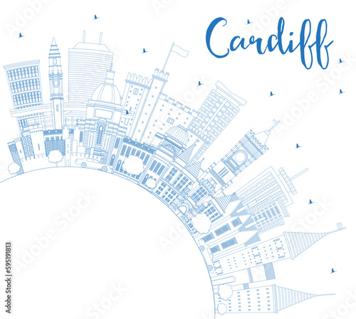 Outline Cardiff Wales City Skyline with Blue Buildings and Copy Space. Vector Illustration. Cardiff UK Cityscape with Landmarks.