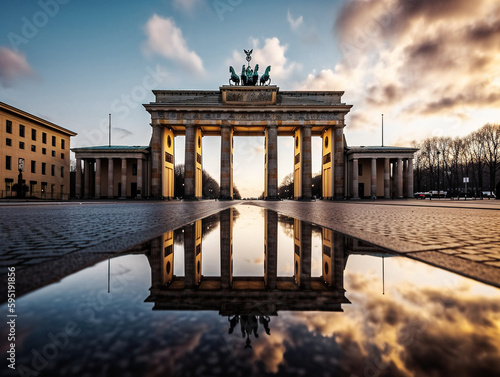 Brandenburg Gate and its reflection after rain - generative AI