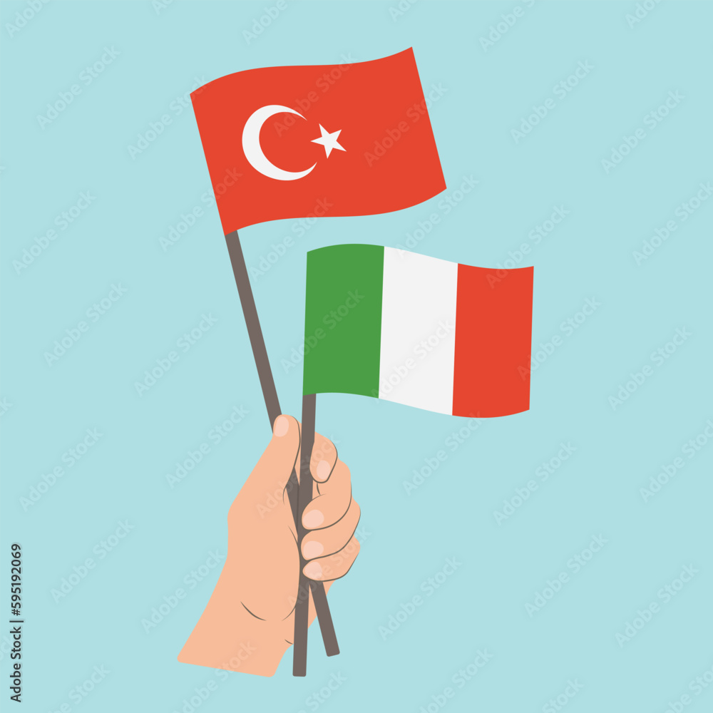 Flags of Turkey and Italy, Hand Holding flags Flags of Turkey and Italy, Hand Holding flags