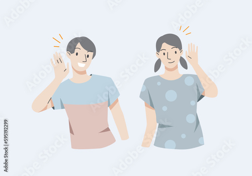 People smiles and holds hand near his ear. The guy listening or hearing and accept all opinion.Comunication concept.Vector illustration.