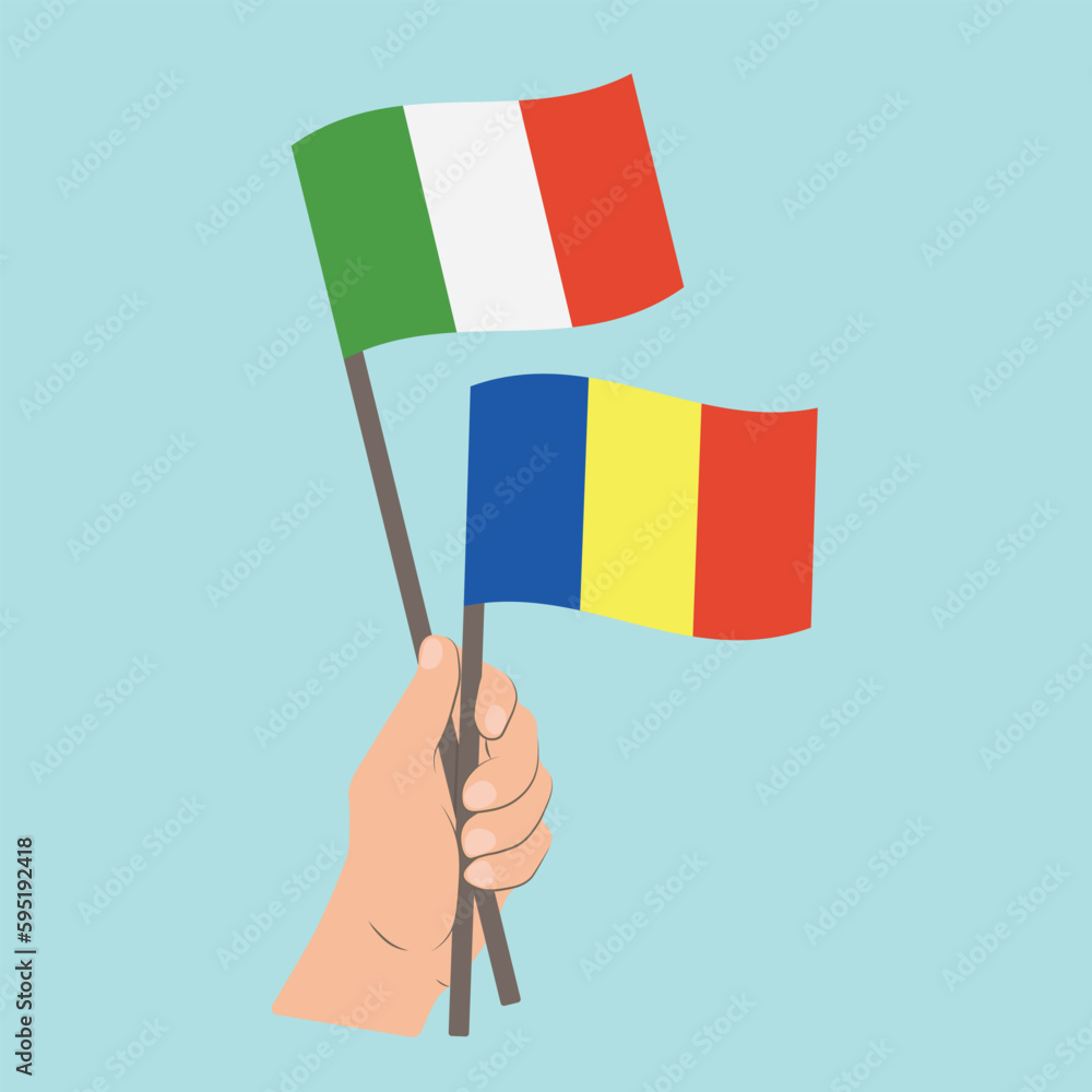 Flags of Italy and Romania, Hand Holding flags Flags of Italy and Romania, Hand Holding flags