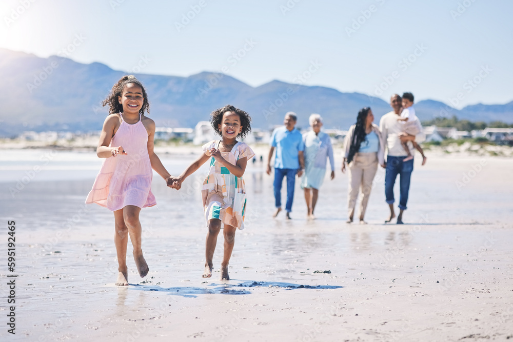 Children running, family bonding and happy at the beach for travel, morning walking and holiday. Smile, summer and girl siblings holding hands on a walk at the ocean with parents and grandparents
