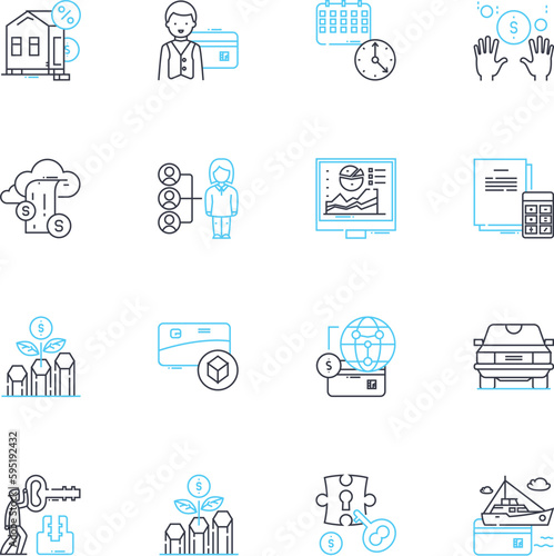 Mtary compensation linear icons set. Benefits, Remuneration, Salary, Wage, Compensation, Pay, Entitlements line vector and concept signs. Rewards,Reimbursement,Incentives outline illustrations