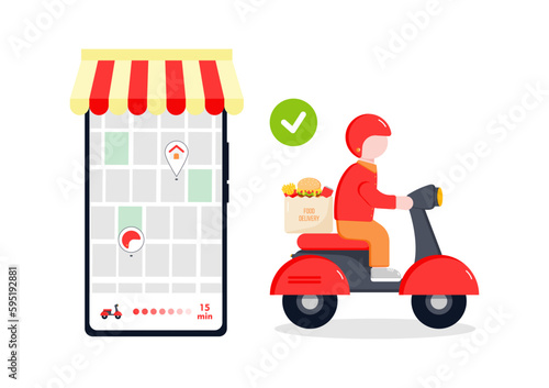 Online shopping, Food delivery. Icons to express, delivery Home. The concept of safe delivery, by the red scooter, moped, motorcycle. Flat style