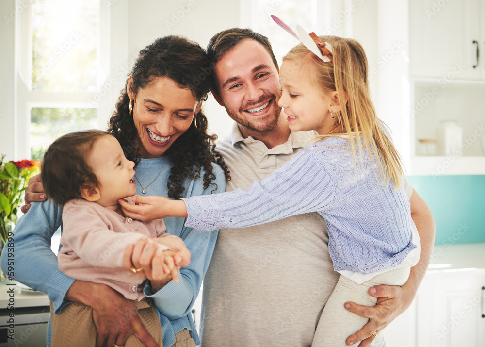 Mother, father and children portrait in a happy family home while together for love, support and care. Woman, man or parents with girl kids playing in a house for quality time, bonding and to relax