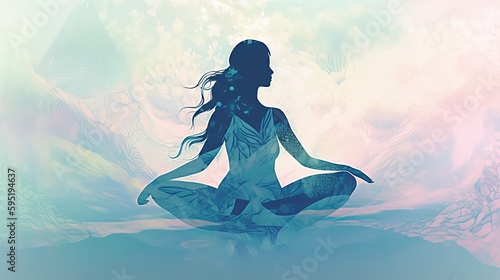 Silhouette of a young woman in lotus position on a pastel colored background. Yoga meditation pose. Transcendent spirituality concept. Generative AI.