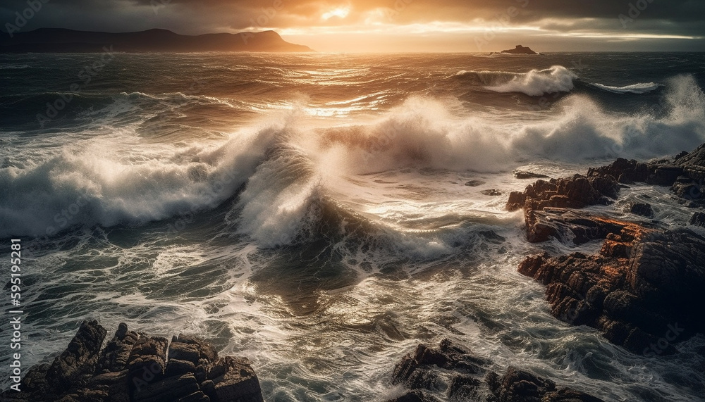 Fototapeta premium Sunset surf crashing on rocky coastline cliff generated by AI
