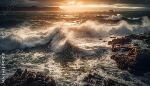Sunset surf crashing on rocky coastline cliff generated by AI