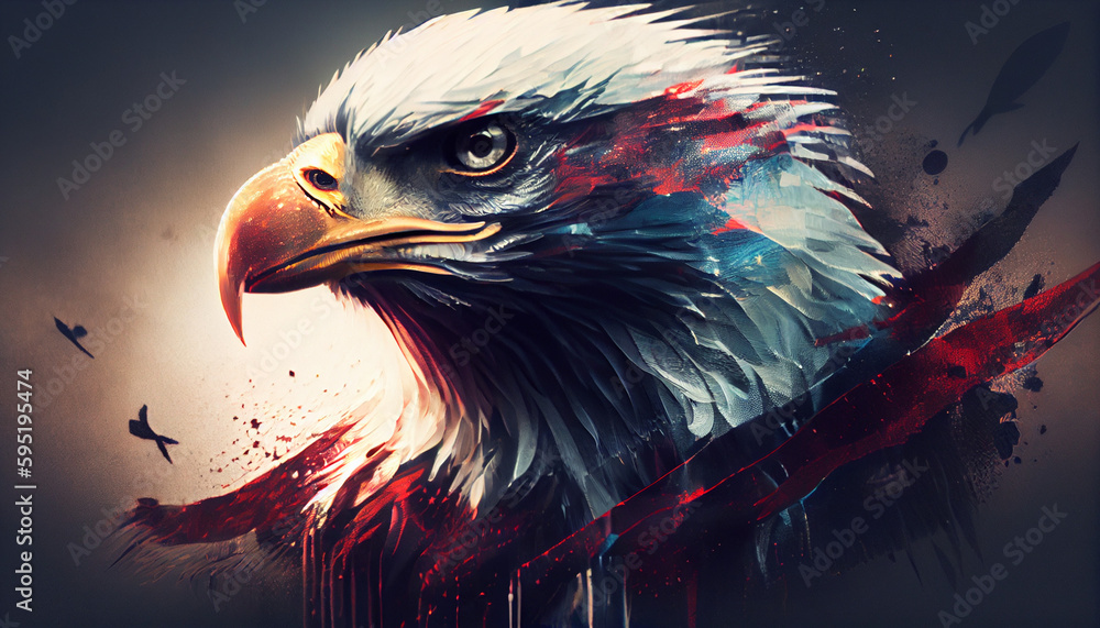 Fototapeta premium Bald Eagle close-up and vintage America flag flying in back. Concept National holidays , Flag Day, Veterans Day, Memorial Day, Independence Day, Patriot Day Ai generated image